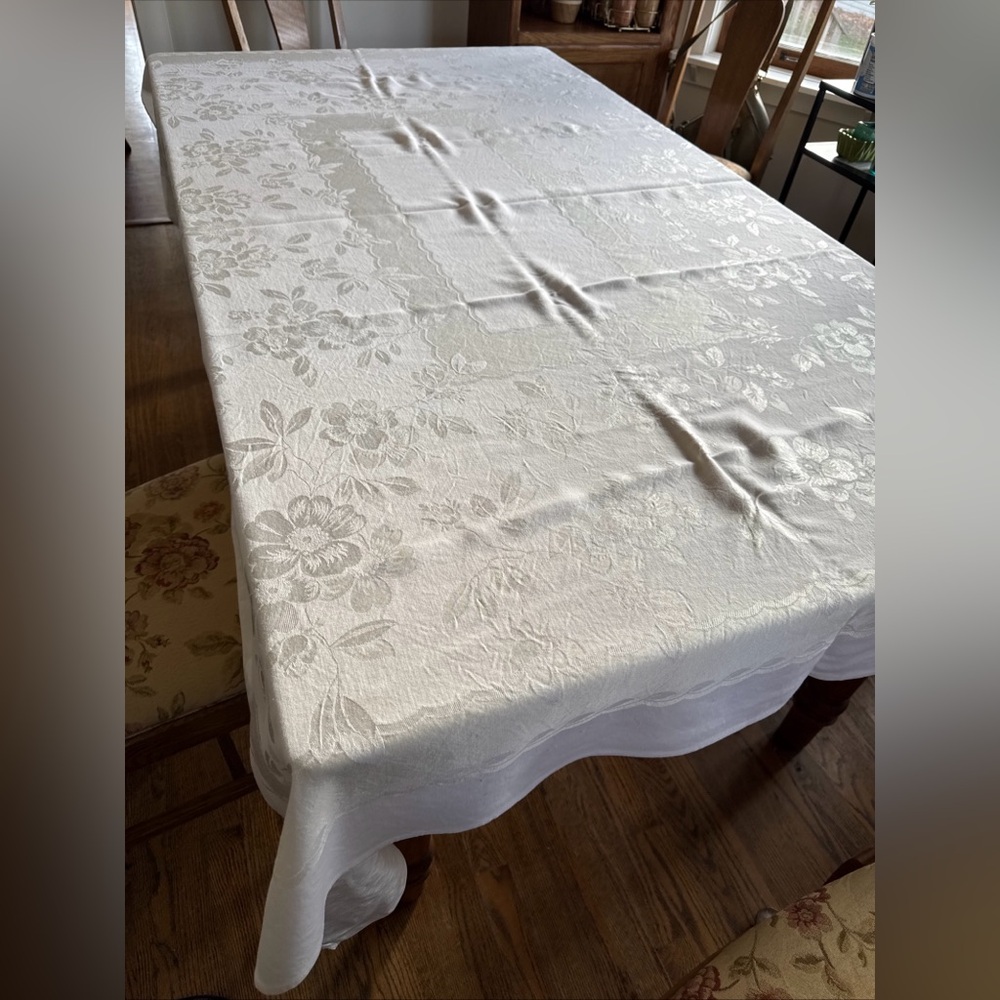 Vintage Tablecloth EASTER Ivory Tablecloth FORMAL Floral ROSE 62x82